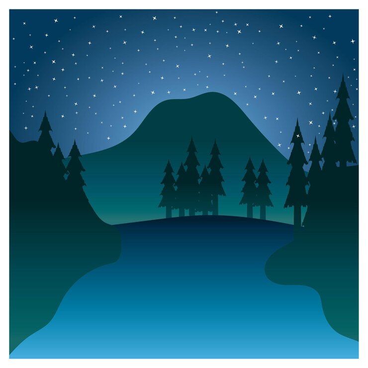 Vector beautiful landscape of mountains pine trees and moon