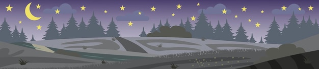 Вектор Красивый пейзаж ночные холмы яркие цвета фон в плоском стиле мультфильма