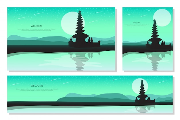 Vector beautiful landscape sunset in bali. green abstract gradient background, flat design