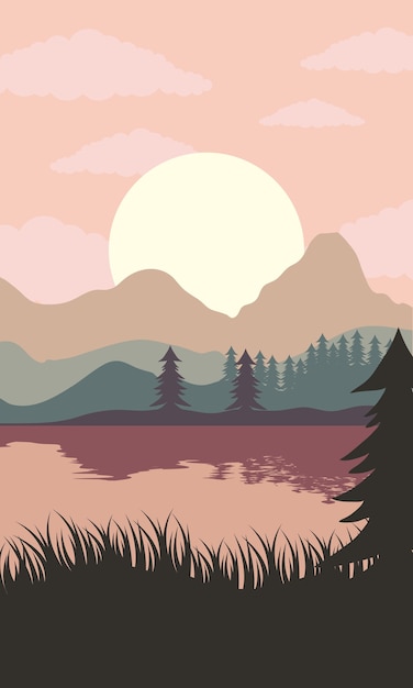湖と森のイラストと美しい風景の夕日のシーン