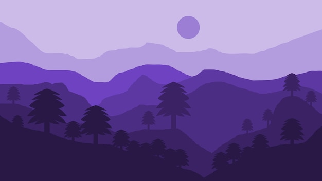 Beautiful landscape view of mountain and trees in flat design with purple color composition