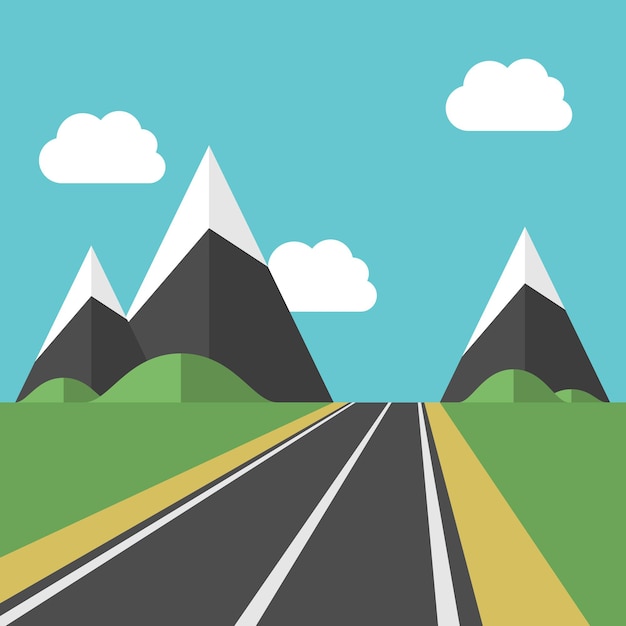 Beautiful landscape with blue sky, white clouds and road leading to high mountains among green fields. EPS 8 vector illustration, no transparency