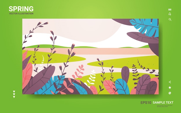 Beautiful landscape with flowers and leaves floral spring poster horizontal greeting card