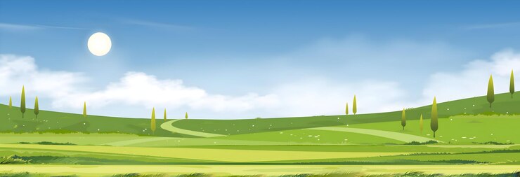 Vector beautiful landscape with green hills blue sky sun and clouds