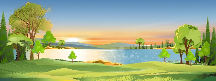 Vector beautiful landscape with lake and trees at sunset