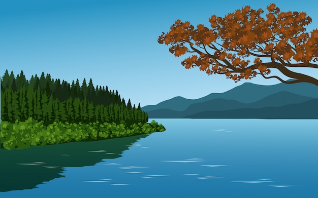 Vector beautiful landscape with lake and trees