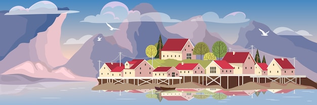 Vector beautiful landscape with a lake and village.