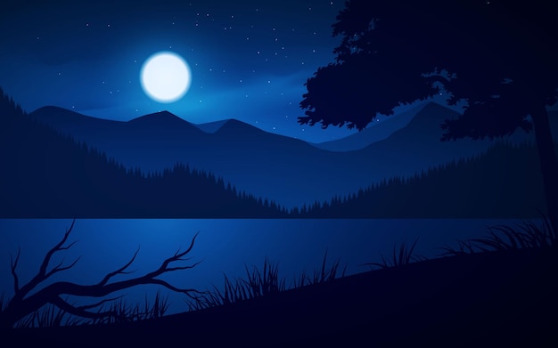 Vector beautiful landscape with moonlight