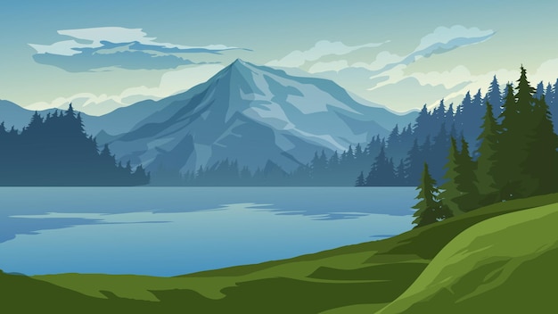 Vector beautiful landscape with mountain trees and lake
