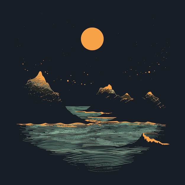 beautiful landscape with mountains and sea at night vector illustration