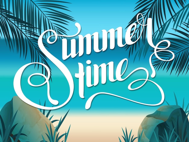 Beautiful landscape with text Summer time. Summer Time Lettering. Bright, colorful background. Summer vacation. Summer illustration with text.