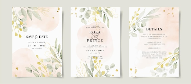 Beautiful leaves watercolor on wedding invitation card template set