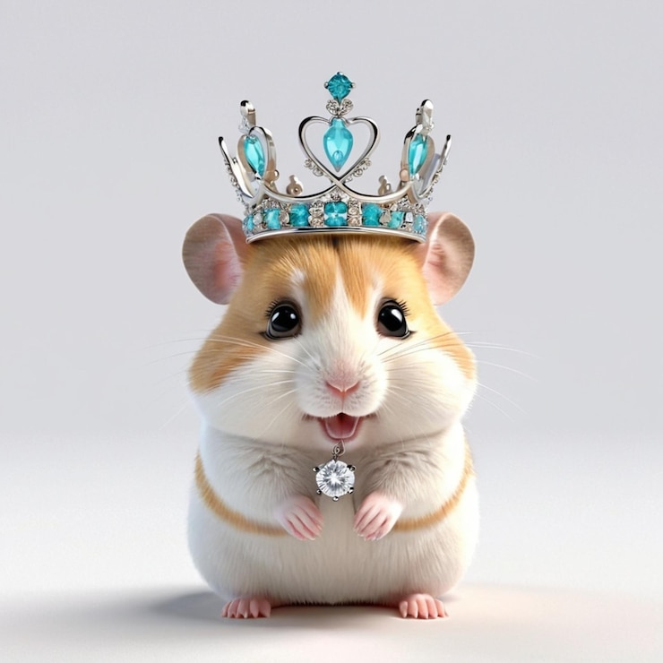 Vector beautiful light colored hamster cub wearing white crowned and jeweled necklace and crown