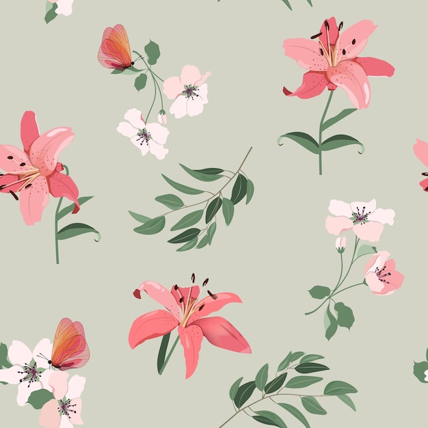 Beautiful lilies and butterflies on a grey background Seamless vector illustration For decorating textiles packaging wallpaper