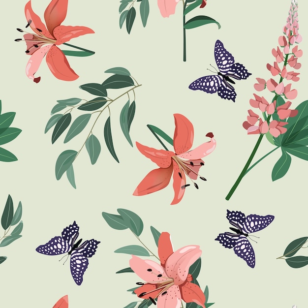Beautiful lilies and butterflies Seamless vector illustration For decorating textiles packaging wallpaper