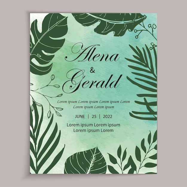 Vector beautiful line art leaf green watercolor background wedding card invitation