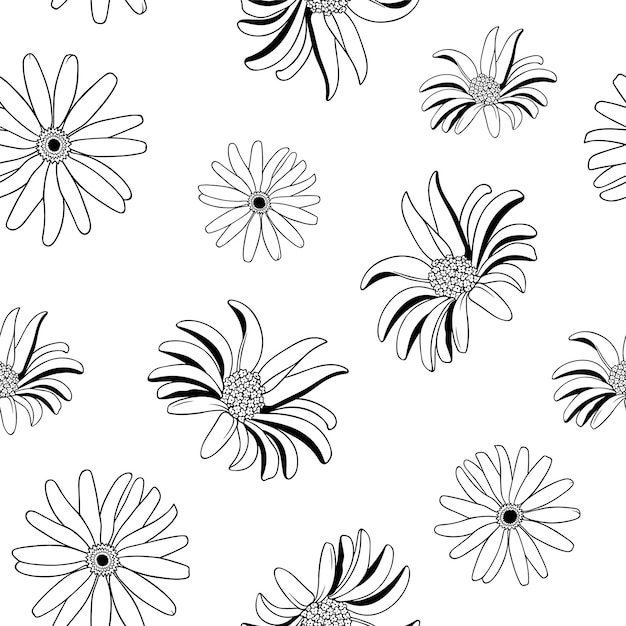 Beautiful line art seamless pattern with summer flowers