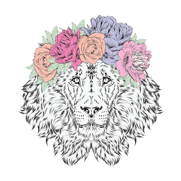 Beautiful lion in floral wreath