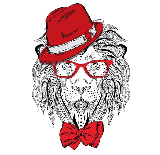 Beautiful lion in hat and glasses