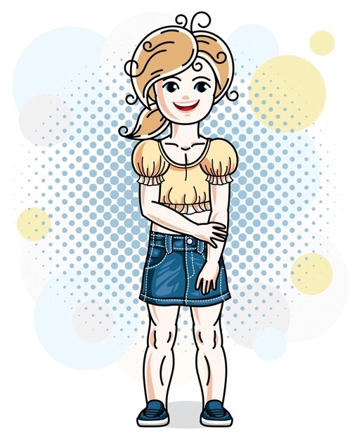 Vector beautiful little blonde girl wearing casual clothes standing on colorful backdrop with bubbles. vector human illustration.