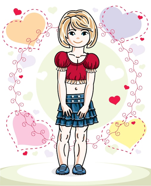 Vector beautiful little blonde girl wearing casual clothes and standing on colorful backdrop with loving hearts. vector human illustration.