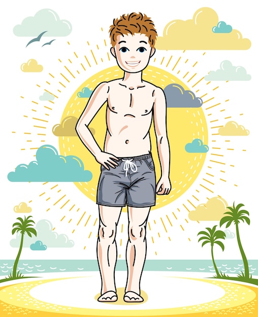ファッショナブルなビーチショーツを着て立っている美しい小さな男の子かわいい子。美しい人間のイラストをベクトルします。ファッションテーマのクリップアート。