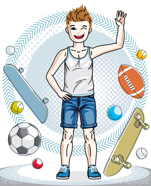 Beautiful little boy cute child standing wearing fashionable casual clothes. Vector pretty nice human illustration. Childhood lifestyle clip art.