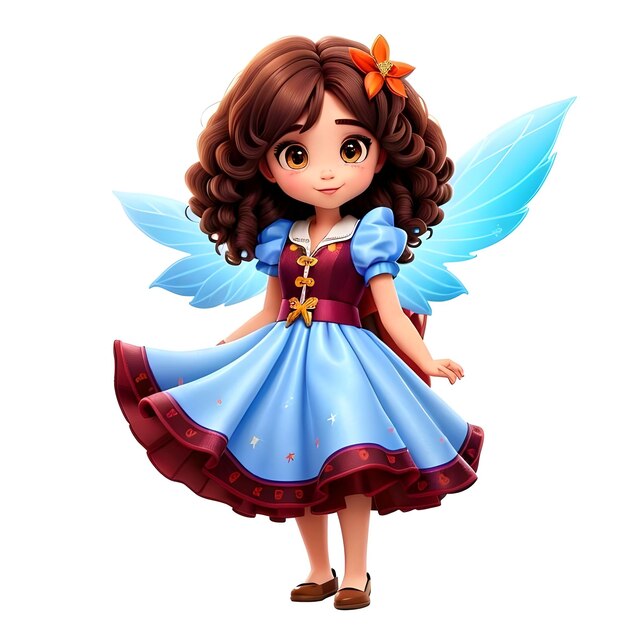 Beautiful little fairy girl with brown hair and a blue brown dress