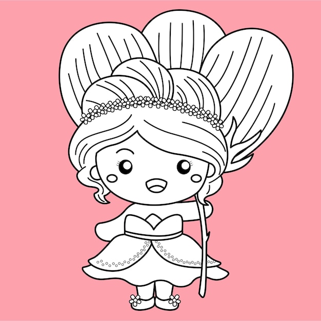 Vector beautiful little garden princess cartoon girl kids digital stamp outline