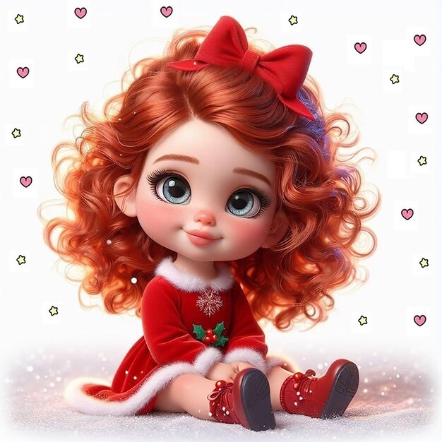 아름다운 작은 소녀와 빨간 머리카락과 파란 눈과 빨간 드레스
