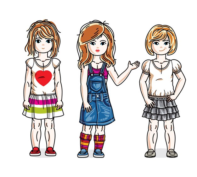 Vector beautiful little girls cute children standing wearing casual clothes. vector set of beautiful kids illustrations.