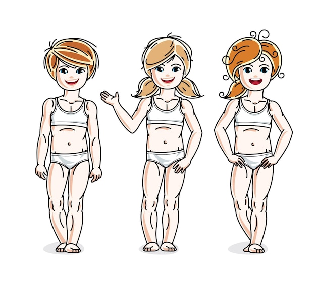Beautiful little girls cute children standing in white underwear. vector diversity kids illustrations set. childhood and family lifestyle clip art.