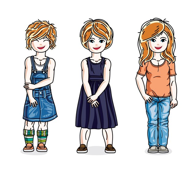 Vector beautiful little girls group posing wearing casual clothes. vector kids illustrations set.