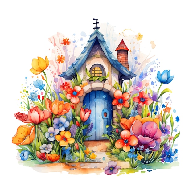 Beautiful little house among flowers watercolor painting