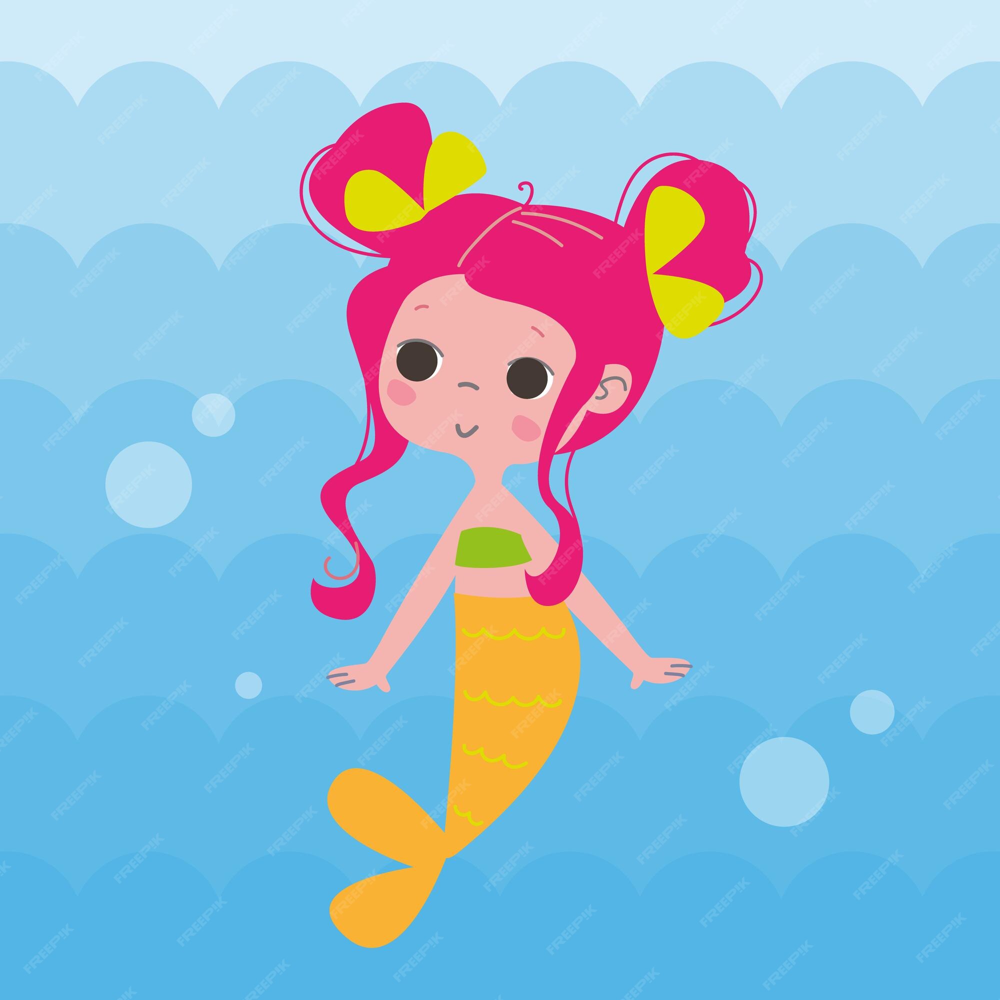 Premium Vector | Beautiful little mermaid siren marine theme a cute little  mermaid with yellow tail and pink hair