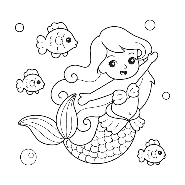 Premium Vector  Mermaid with fish coloring page cartoon illustration