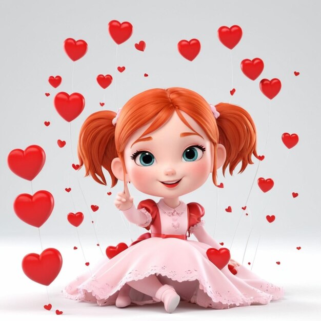 Beautiful little red haired girl posing with romantic hearts Vector White Background