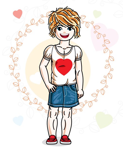 Vector beautiful little redhead girl wearing casual clothes and standing on colorful backdrop with loving hearts. vector human illustration.