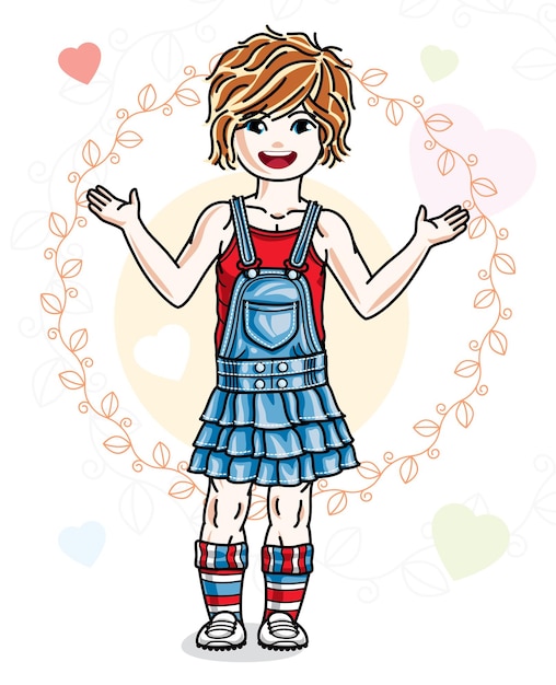 Beautiful little redhead girl wearing casual clothes and standing on colorful backdrop with loving hearts. Vector human illustration.