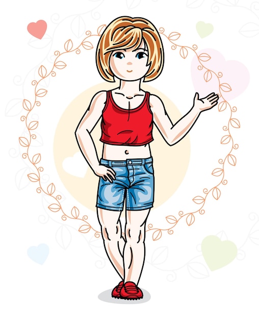 Vector beautiful little redhead girl wearing casual clothes and standing on colorful backdrop with loving hearts. vector human illustration.