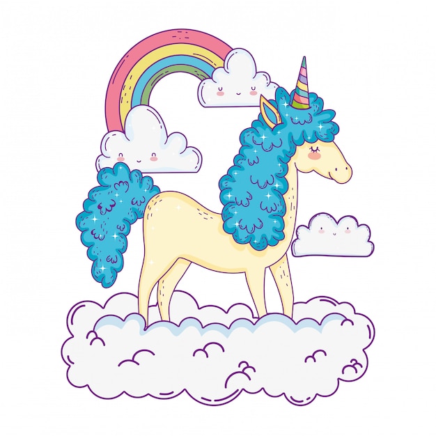 beautiful little unicorn in the clouds and rainbow