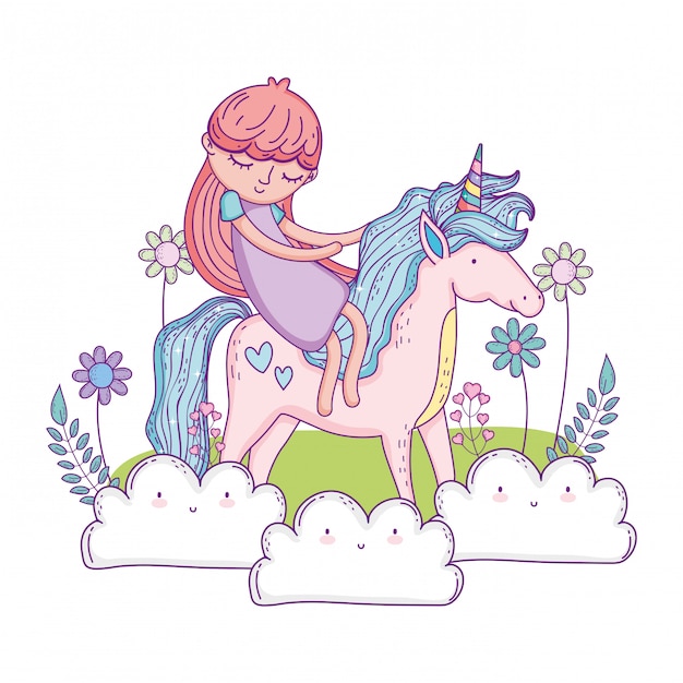 Vector beautiful little unicorn with princess in the landscape