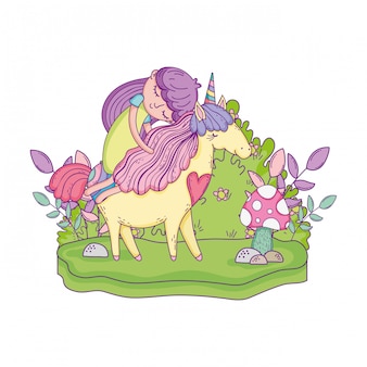 Bellissimo piccolo unicorno con la principessa nel paesaggio