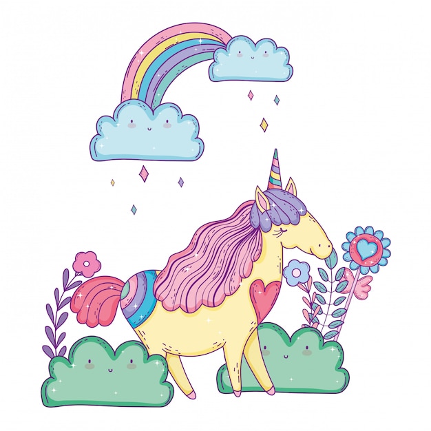 beautiful little unicorn with rainbow in the landscape