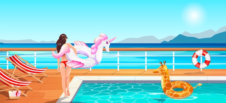 Vector beautiful long brown hair woman on boat deck cruise ship liner swimming pool floor girl in swimsuit bikini hold inflatable swim toy summer holiday vacation resort rest vector illustration
