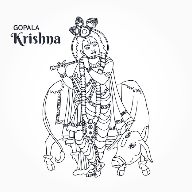 Vector beautiful lord young krishna playing flute with cow lineart