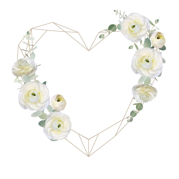 Vector beautiful love frame background with floral white ranunculus flowers