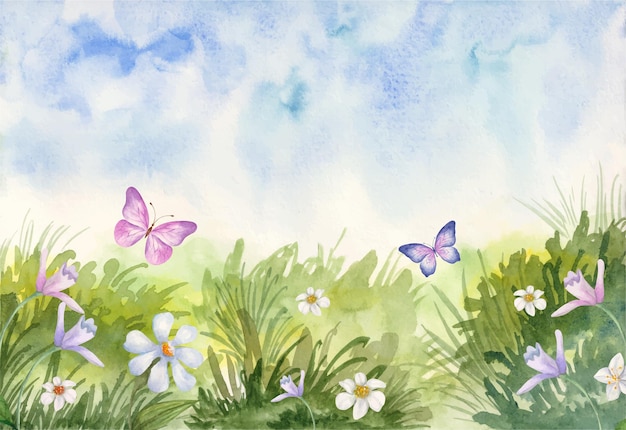 Beautiful lovely watercolor spring background with butterfly