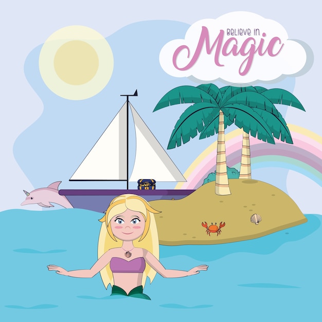 Beautiful and magic mermaid on island cute cartoons