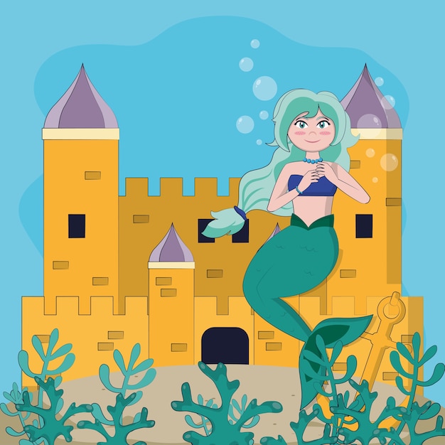 Beautiful and magic mermaid in the sea castle